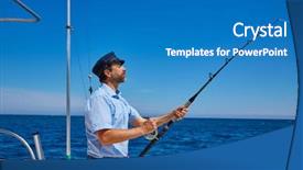  Presentation with sports fishing - Beautiful PPT theme featuring outrigger - beard sailor man fishing rod backdrop and a teal colored foreground