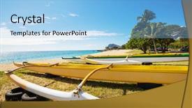  Presentation with hawaiian luau pictures - PPT theme with outrigger canoe on hawaiian beach background and a light blue colored foreground
