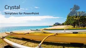  Presentation with honolulu hawaii waikiki beach - Colorful presentation design enhanced with outrigger canoe on hawaiian beach backdrop and a light blue colored foreground
