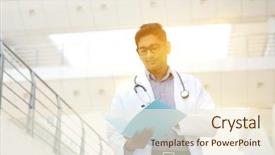  Presentation with asian doctor - Audience pleasing PPT theme consisting of outside hospital building beautiful golden backdrop and a  colored foreground