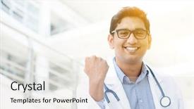  Presentation with medical smiling doctor - Slide set with outside hospital building beautiful golden background and a lemonade colored foreground