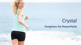  Presentation with health woman running female runner - Amazing PPT theme having outside on beach looking back backdrop and a sky blue colored foreground