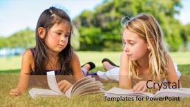  Presentation with school kids reading books - PPT layouts enhanced with outside on grass after school background and a  colored foreground