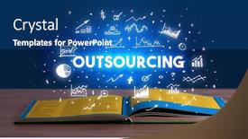  Presentation with business outsourcing - Slide deck with outsourcing-inscription-coming-out background and a ocean colored foreground