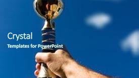  Presentation with trophy - Theme with outstanding achievement - close up of trophy hand background and a ocean colored foreground