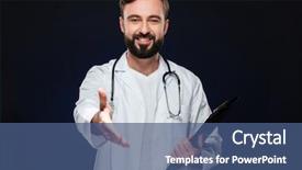  Presentation with doctor stetoscope and dark - Colorful theme enhanced with outstretched hand for greeting notepad backdrop and a ocean colored foreground