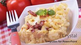  Presentation with recipe - Beautiful PPT layouts featuring oven baked pasta carbonara traditional italian recipe backdrop and a coral colored foreground