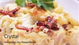  Presentation with recipe - Colorful PPT layouts enhanced with macaroni - oven baked pasta carbonara traditional backdrop and a coral colored foreground