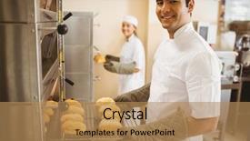  Presentation with hotel kitchen - Slides having oven in a commercial background and a coral colored foreground