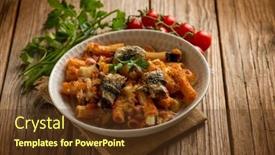  Presentation with sardines - Slide set enhanced with oven-pasta-with-sardines-eggplants background and a tawny brown colored foreground