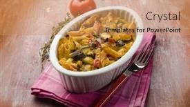  Presentation with pasta sauce - Audience pleasing slides consisting of oven pasta with tomato sauce and zucchinis backdrop and a coral colored foreground
