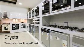  Presentation with electric retail - Slides having ovens stoves and other appliance background and a soft green colored foreground