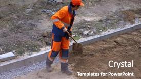  Presentation with building - PPT theme enhanced with overall barring - worker with a shovel throws background and a violet colored foreground