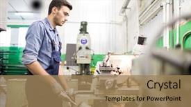  Presentation with lathe - Audience pleasing theme consisting of overall standing at lathe backdrop and a coral colored foreground