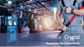  Presentation with industrial zone - Amazing PPT theme having overalls on industrial zone background backdrop and a ocean colored foreground
