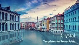  Presentation with city buildings - Presentation theme enhanced with overcast weather wonderful water channel background and a ocean colored foreground