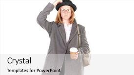  Presentation with gray black illustrated - Slide set featuring overcoats - portrait of teenage hispter girl background and a  colored foreground