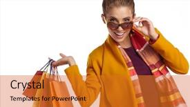  Presentation with autumn - Colorful PPT theme enhanced with overcoats - woman wearing autumn overcoat holding backdrop and a  colored foreground