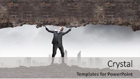  Presentation with overcome - Amazing slides having overcome difficulties - young powerful businessman lifting brick backdrop and a light gray colored foreground