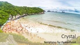  Presentation with vietnam culture popular tourist destination - Presentation having overcrowded beach in cat ba background and a lemonade colored foreground