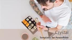  Presentation with asian culture and food - Amazing presentation design having overhead angle of young man eating sushi asian food using choopsticks backdrop and a coral colored foreground