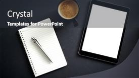  Presentation with digital pen - Presentation design with overhead-flat-lay-business-shot background and a dark gray colored foreground