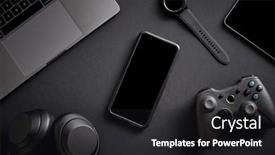  Presentation with wireless - PPT theme consisting of overhead-flat-lay-shot background and a dark gray colored foreground