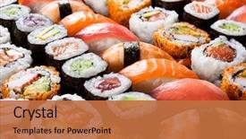  Presentation with shrimp - Theme with overhead japanese sushi food maki background and a red colored foreground