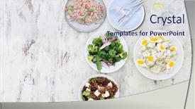  Presentation with brown rice - Presentation design consisting of overhead of a variety assortment of side dishes green salad brown rice salad lentil beetroot salad on a rustic background with copy space background and a sky blue colored foreground