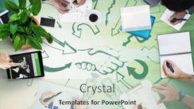  Presentation with wood panel - Amazing slide deck having overhead-of-business-team backdrop and a soft green colored foreground