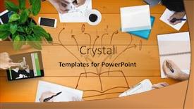  Presentation with wood panel - PPT theme with overhead of business team with orange wood panel and book doodle background and a yellow colored foreground