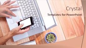  Presentation with feminine - Theme with overhead of feminine hands using laptop and smartphone with stuff on desk background and a lemonade colored foreground