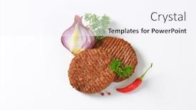  Presentation with burgers - PPT theme enhanced with overhead of grilled burgers with vegetable side dish background and a sky blue colored foreground