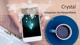  Presentation with hand touching finger digital - Cool new PPT theme with overhead of hand with phone backdrop and a lemonade colored foreground