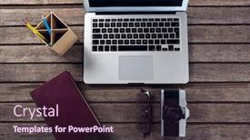  Presentation with diary - Cool new PPT theme with overhead of laptop diary spectacles camera and pen holder on wooden table backdrop and a wine colored foreground