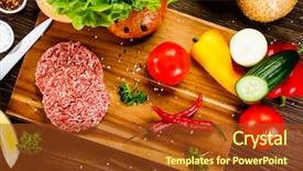  Presentation with vegetable cutting board - Colorful slide deck enhanced with overhead view - fresh raw steaks on cutting backdrop and a tawny brown colored foreground