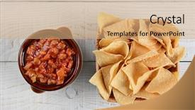  Presentation with wood chips - Beautiful slide deck featuring overhead view of a bowl of corn chips next ot a pot of salsa on a rustic wood table horizontal format backdrop and a coral colored foreground