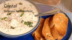  Presentation with clam - Amazing presentation theme having overhead view of a creamy new england clam chowder in a blue bowl with crostini backdrop and a coral colored foreground