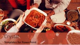  Presentation with multi ethnic group - PPT layouts consisting of overhead view of a group of young adult multi-ethnic male and female friends sitting around a table holding dishes and serving thanksgiving dinner at home together background and a red colored foreground