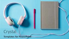  Presentation with headphones - PPT layouts having overhead-view-of-a-headphones background and a light blue colored foreground