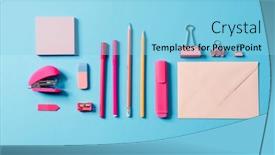  Presentation with writing pen - Amazing slide deck having overhead-view-of-a-set backdrop and a light blue colored foreground