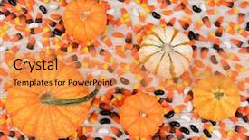  Presentation with halloween candy - Slide deck featuring overhead view of a wood table covered with candy corn and decorative pumpkins and gourds great for halloween or thanksgiving projects background and a yellow colored foreground