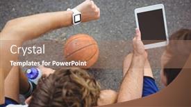  Presentation with basketball players - Slide deck having overhead view of basketball players using technologies while sitting in court background and a coral colored foreground