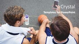  Presentation with basketball players - Slide set with overhead view of basketball players using smart phone while sitting in court background and a gray colored foreground