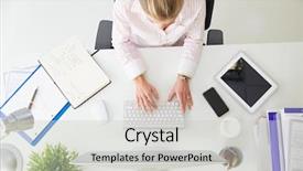  Presentation with computer science led - Slide deck consisting of overhead view of businesswoman working background and a light gray colored foreground