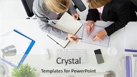  Presentation with view of the process - Theme featuring overhead view of businesswomen working background and a soft green colored foreground