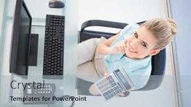  Presentation with view of havana - Beautiful slide set featuring overhead view of cheerful businesswoman in bright office showing calculator backdrop and a light blue colored foreground