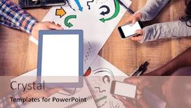  Presentation with business office desk - Presentation design featuring overhead view of creative business people working at desk in office background and a coral colored foreground