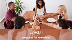  Presentation with dinner party - Presentation theme with overhead view of friends enjoying dinner party at home together background and a red colored foreground