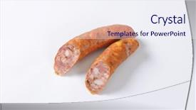 Presentation with grilling - Audience pleasing slides consisting of overhead view of grilling sausage cut into two pieces backdrop and a sky blue colored foreground